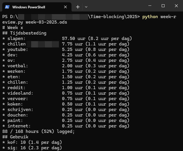 The output of a cli that creates a week review based on a time track spreadsheet